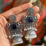 Oxy-Style Silver Peacock Jhumka Earrings