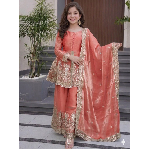 ST-0122 Kids Wear Attractive silk embroidery Kurta Set