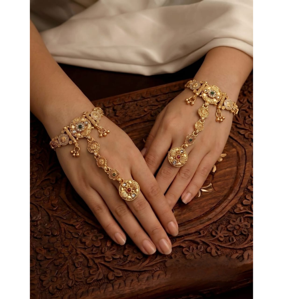High Gold Antique Rajwadi Heritage Hath Panja with Beautiful Finger Ring