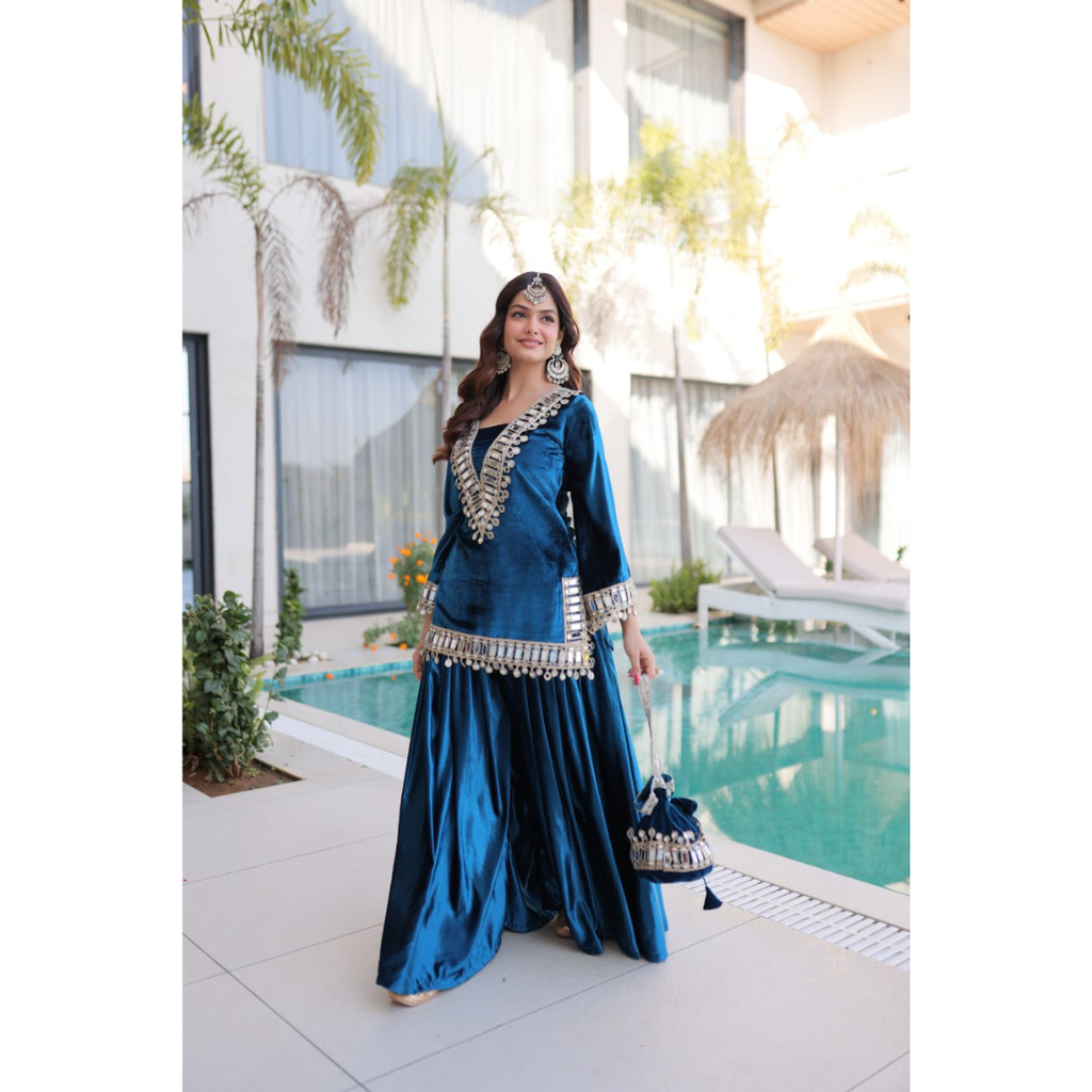 LW-9307 VELVET TOP-PALAZZO CO-OD SET WITH BATWA
