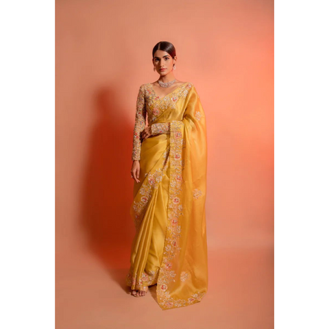 Designer Saree Heavy Embroidered Blouse  Organza sarees