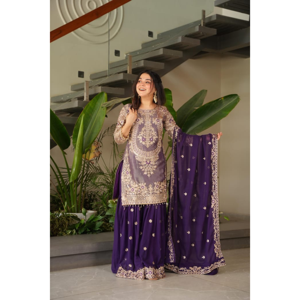 AAYANA-2 Designer Embroidered Top Sharara Palazzo Dupatta Set