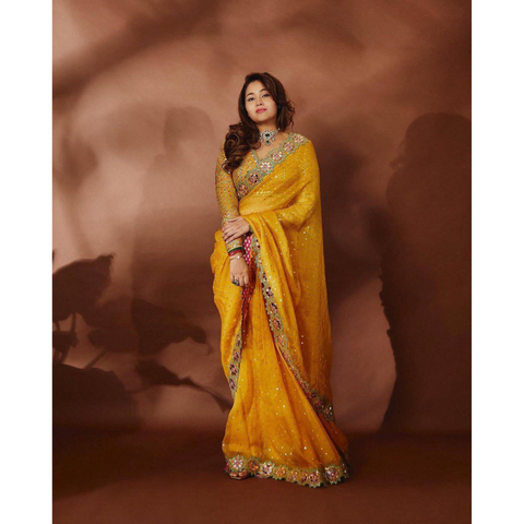 Real mirror sequence thread work Pure Georgette Golden Yellow designer saree