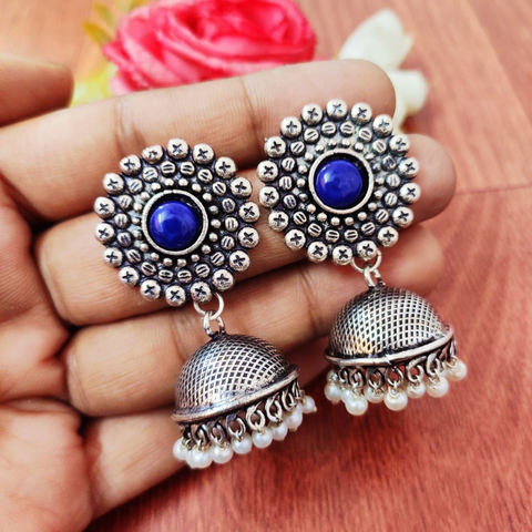 Oxidised Stone Jhumka Earrings