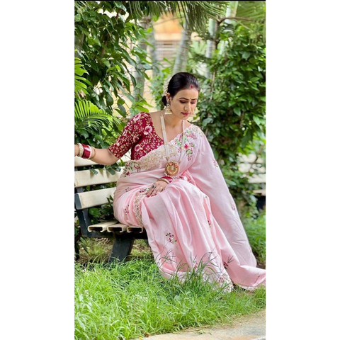 BLOOMING PINK Designer Saree with Stitched Blouse