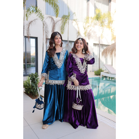 LW-9307 VELVET TOP-PALAZZO CO-OD SET WITH BATWA
