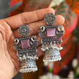Oxy-Style Silver Peacock Jhumka Earrings