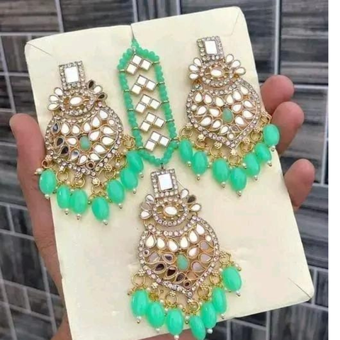 Mirror & Bead Earring Set with Maang Tikka
