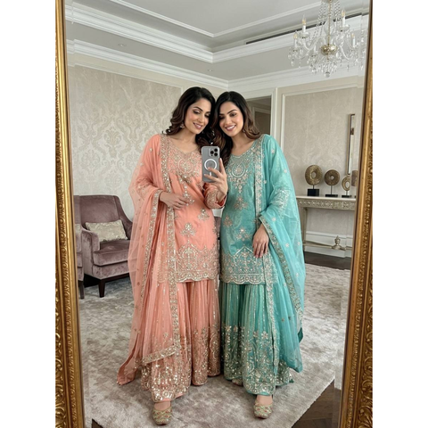 WW1268 New Design Trending Organza Net Top & Sharara set