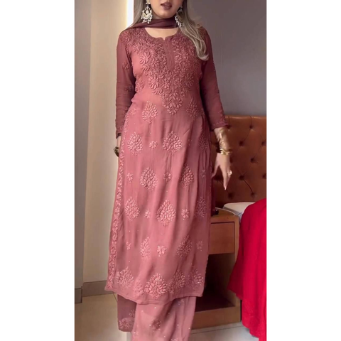 Chikankari Style Top Palazzo & Dupatta Set