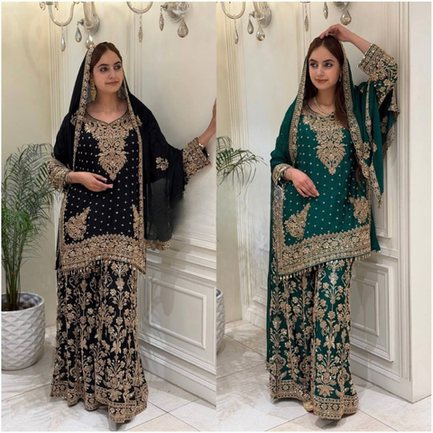KF-1733 NEW DESIGNER HEAVY EMBROIDERY CHAIN SEQUENCE WORK SHARARA SET