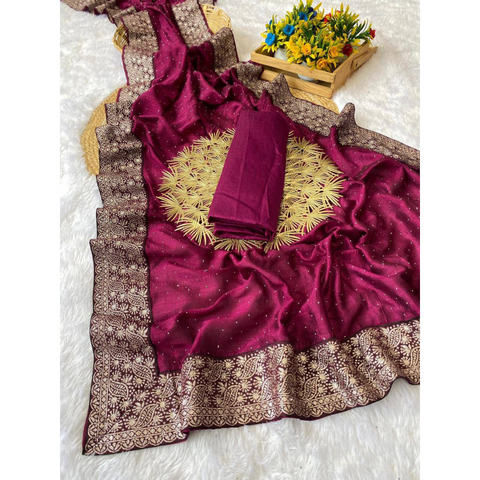 Designer SEMI SILK Saree LONG SLEEVES STITCHED BLOUSE