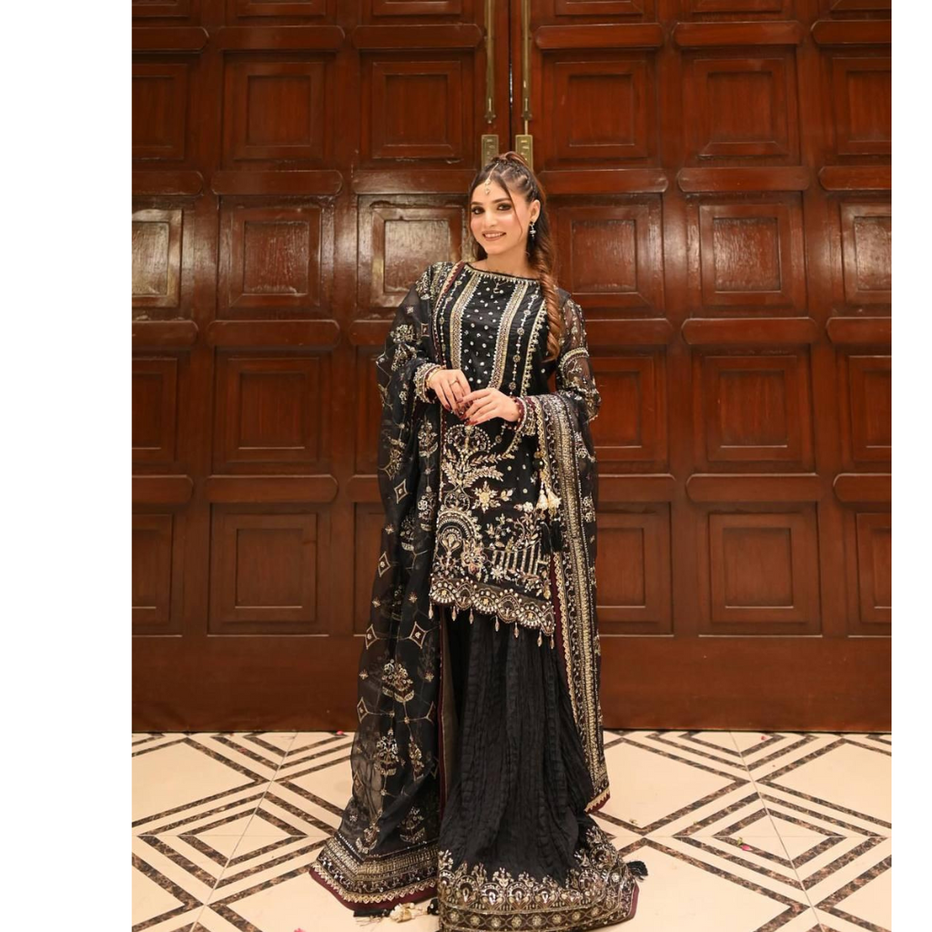 Đěsigner Heavy Faux Georgette Top Plazzo & Dupatta Set