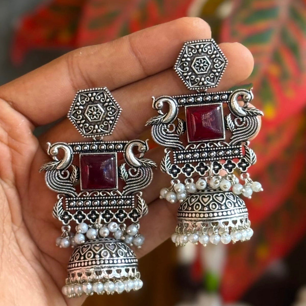 Oxy-Style Silver Peacock Jhumka Earrings