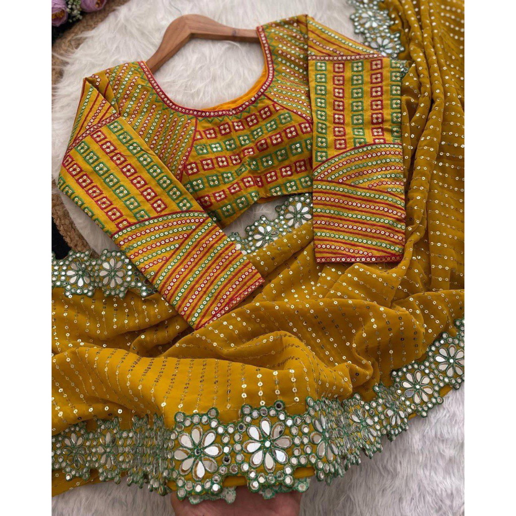 Buy Latest Real mirror sequence thread work Pure Georgette Golden