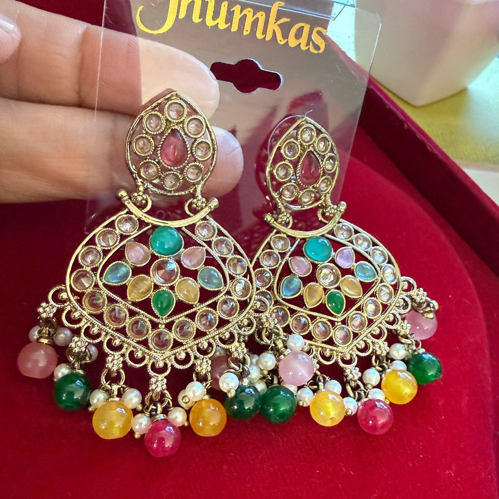 GLMZ01 Antique Gold Chand Bali Kundan Earrings