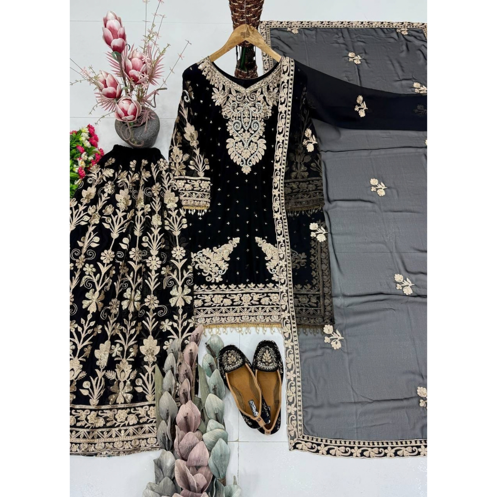 KF-1733 NEW DESIGNER HEAVY EMBROIDERY CHAIN SEQUENCE WORK SHARARA SET