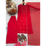 Chikankari Style Top Palazzo & Dupatta Set