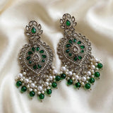 GLMZ002- Emerald Kundan Earrings with Pearl & Bead Drops