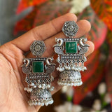 Oxy-Style Silver Peacock Jhumka Earrings