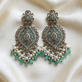 GLMZ002- Emerald Kundan Earrings with Pearl & Bead Drops