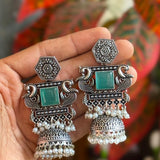 Oxy-Style Silver Peacock Jhumka Earrings