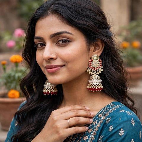 Kundan Jhumka Earrings with Pearl & Bead Tassels