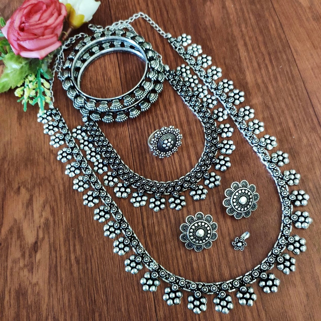 Long Oxidized Combo Jewelry Set with Bangles