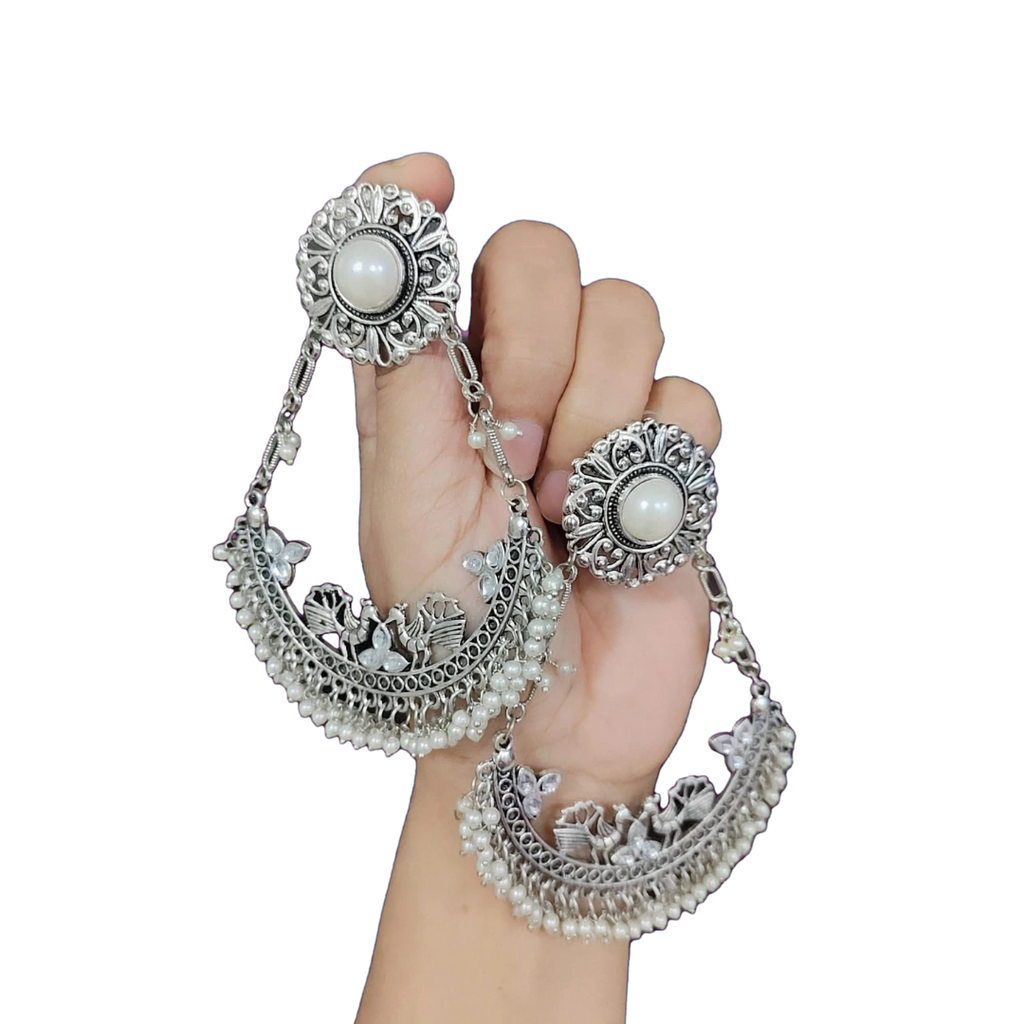 Oxidized Silver Pearl Chand Bali Earrings