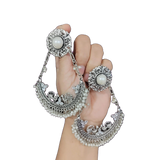 Oxidized Silver Pearl Chand Bali Earrings