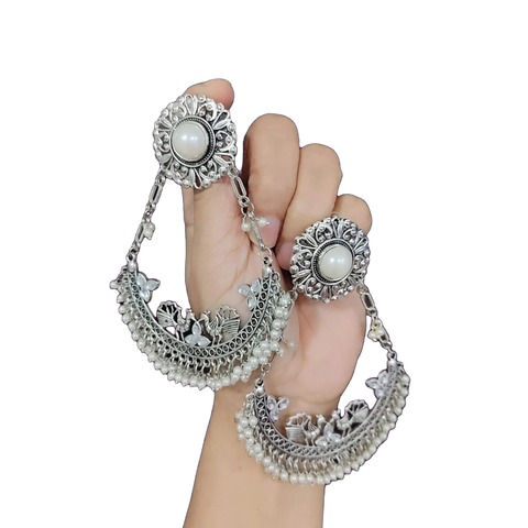 Oxidized Silver Pearl Chand Bali Earrings