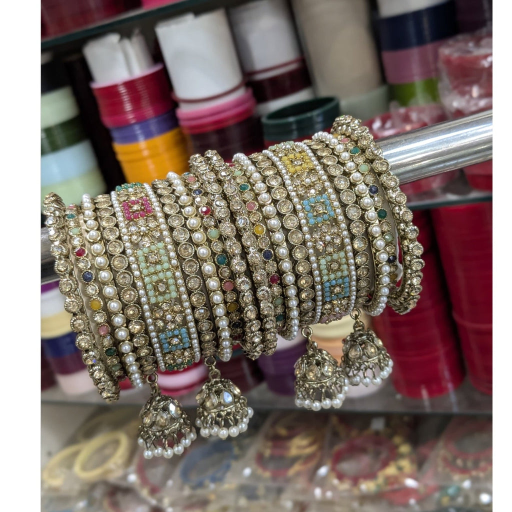 Multicolour Kundan Bangles Set with Jhumka Drops