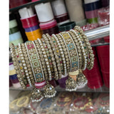 Multicolour Kundan Bangles Set with Jhumka Drops