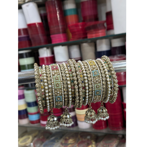 Multicolour Kundan Bangles Set with Jhumka Drops
