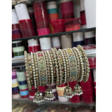 Multicolour Kundan Bangles Set with Jhumka Drops
