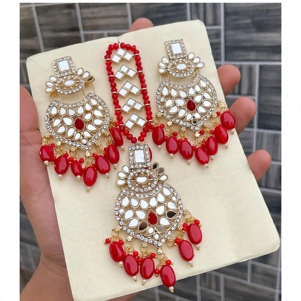 Mirror & Bead Earring Set with Maang Tikka