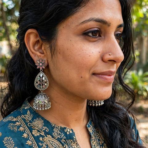 Oxidised Silver Mirror-Work Jhumka Earrings