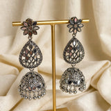 Oxidised Silver Mirror-Work Jhumka Earrings