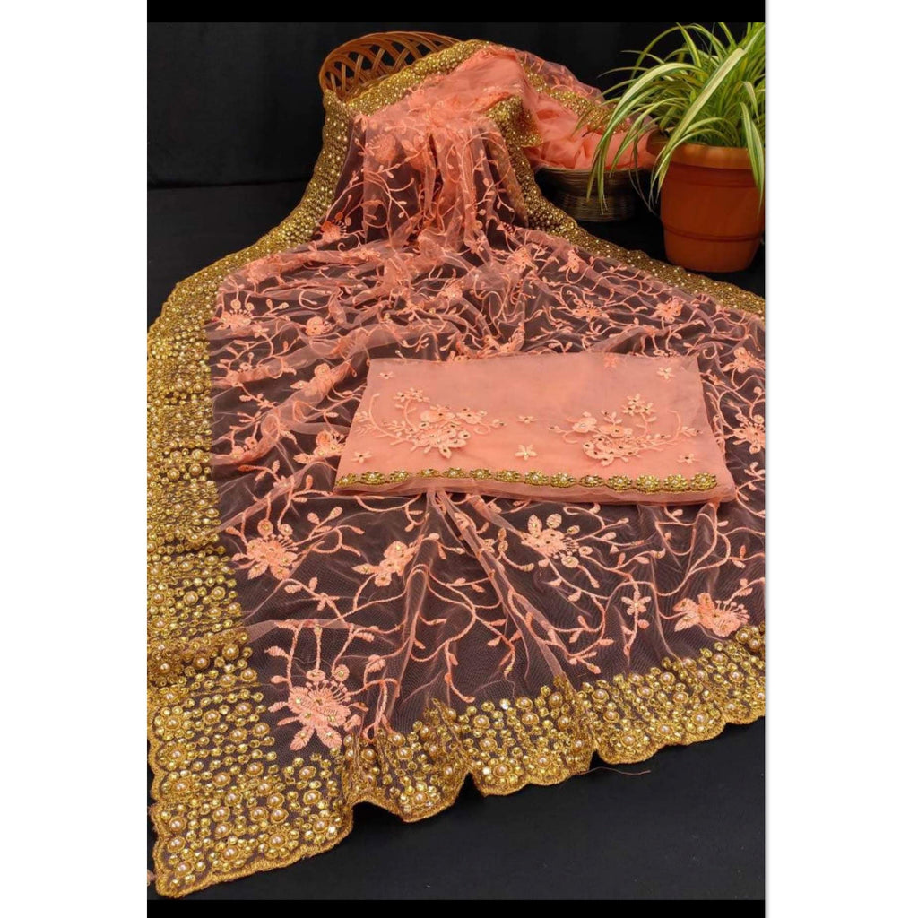 Elegant NET Embroidered PEARL Border Saree